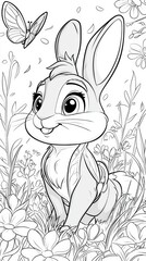 Poster -  a sketch of a rabbit surrounded by plants and flowers, with a butterfly fluttering nearby It is a free printable coloring page, perfect for kids to enjoy