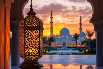 Islamic ramadan kareem celebration lantern with beautiful bokeh lights in the background.