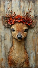 Poster -  a painting of a deer with a flower crown on its head, set against a wooden background The deer is painted in a realistic style, with its fur and features detailed