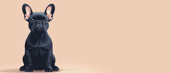 Poster -  a black French Bulldog sitting on top of a beige background The dog has a short, stocky body with a round face, large ears, and a short muzzle Its eyes are wide a