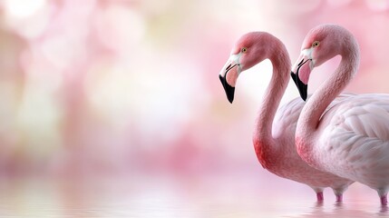 Poster -  two pink flamingos standing in the water with their beaks open, their feathers glistening in the sunlight The background is slightly blurred, giving the image a dr