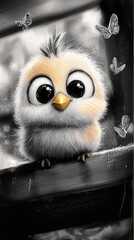 a cute little bird with big eyes sitting on top of a window sill, surrounded by a few butterflies The bird is black and white in color, and the background is sligh