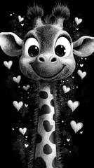 Poster -  a black and white giraffe with hearts in its mouth, set against a black background The giraffe has a cartoon-like appearance, with its long neck and spots, and its