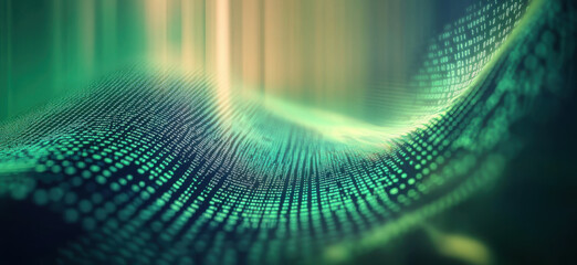 Flowing stream of binary code in green and yellow hues, representing data transfer and technology
