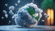© MAY - A 3D globe with a transparent overlay showcasing global weather patterns, including cloud formations and storm systems.