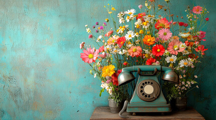 Poster - A vintage telephone in teal sits on a wooden surface, surrounded by a lush bouquet of colorful flowers in various hues, adding charm