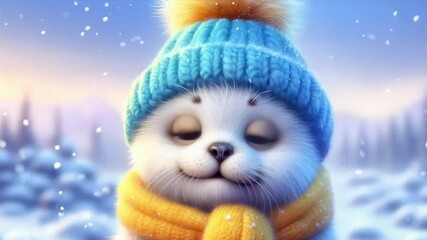 Wall Mural - Cute seal animation in snowy landscape with scarf and wool hat. Christmas Celebration Time
