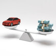 © Victoria - Scales, a red car on one side of the scale, a stack of bundles of banknotes on the other. Illustration on a white background. A conceptual image of the cost of the car.