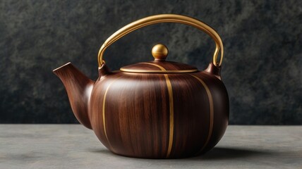 Elegant dark wood teapot with gold accents on gray surface.