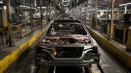 Naklejka na meble Abandoned Car Frames in Industrial Automotive Manufacturing Facility