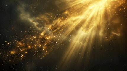 Wall Mural - Golden rays with stars in dark sky. Celestial phenomenon