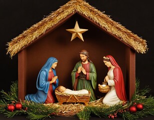 Traditional nativity scene featuring Mary, Joseph, and Baby Jesus with vibrant colors and a serene atmosphere.