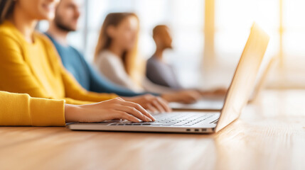 Programmers working on laptops in a contemporary office, immersed in coding. Well-lit environment with multiple screens, hands actively engaged, with a blurred office background