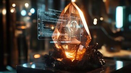 Glowing amber crystal with futuristic holographic data display.