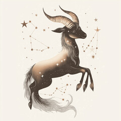 Wall Mural - Vintage Capricorn character with soft, elegant horns, flowing fishtail, and stars subtly etched around, in muted earthy tones on a minimalist white background.