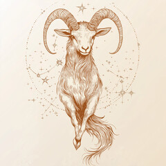 Wall Mural - Vintage Capricorn character with soft, elegant horns, flowing fishtail, and stars subtly etched around, in muted earthy tones on a minimalist white background.
