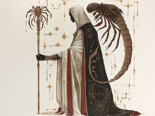 Wall Mural - Traditional Scorpio figure holding a staff topped with a scorpion, with celestial patterns on their cloak, in deep reds, golds, and blacks, set against a clean white background.