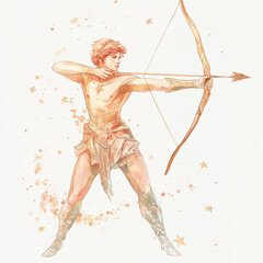 Wall Mural - Vintage watercolor illustration of Sagittarius archer aiming an arrow surrounded by stars, pastel colors, and faint archery target on a clean white background.