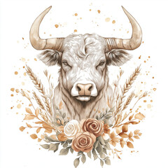 Wall Mural - Vintage-style Taurus character with gentle features, ornate curved horns, surrounded by wheat and roses, symbolizing abundance and love, in soft watercolor strokes on a minimalist white background.