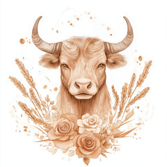Wall Mural - Vintage-style Taurus character with gentle features, ornate curved horns, surrounded by wheat and roses, symbolizing abundance and love, in soft watercolor strokes on a minimalist white background.
