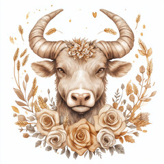 Wall Mural - Vintage-style Taurus character with gentle features, ornate curved horns, surrounded by wheat and roses, symbolizing abundance and love, in soft watercolor strokes on a minimalist white background.