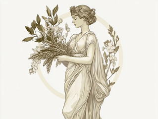 Wall Mural - Classical vintage Virgo figure holding a wreath of flowers and wheat, with intricate linework and celestial accessories, in muted tones and delicate shading, set against a plain white background.