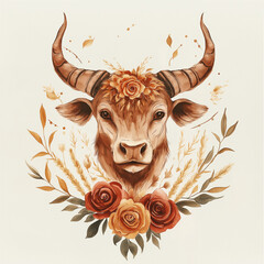 Wall Mural - Vintage-style Taurus character with gentle features, ornate curved horns, surrounded by wheat and roses, symbolizing abundance and love, in soft watercolor strokes on a minimalist white background.