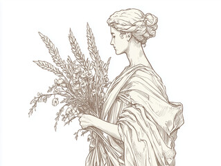 Wall Mural - Classical vintage Virgo figure holding a wreath of flowers and wheat, with intricate linework and celestial accessories, in muted tones and delicate shading, set against a plain white background.