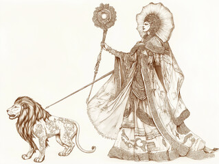 Wall Mural - Elegant vintage Leo figure holding a staff topped with a lion’s head, with attire featuring solar symbols and a lion at their feet, in sepia tones and fine ink detail, set against