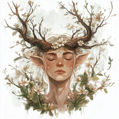 Wall Mural - Calm Taurus character with branch-like horns, surrounded by blooming flowers, symbolizing spring, with natural greens and browns on a minimalist white background.