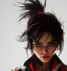 Wall Mural - Close-up of Scorpio with intense eyes, sharp features, and a leather jacket with scorpion motifs, in crimson and black, set against a clean white background highlighting their enigmatic presence.