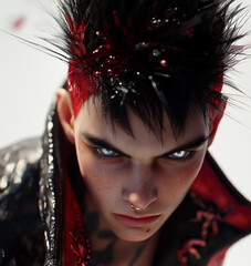 Wall Mural - Close-up of Scorpio with intense eyes, sharp features, and a leather jacket with scorpion motifs, in crimson and black, set against a clean white background highlighting their enigmatic presence.