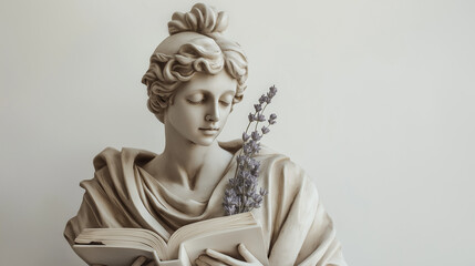Wall Mural - Detailed Virgo portrait with a book and sprig of lavender, exuding wisdom and calm, in earthy tones with soft natural lighting, set against a clean white background to highlight their refined features
