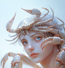 Wall Mural - Detailed Cancer portrait with serene eyes, oceanic textures in attire, and a delicate crab motif on the shoulder, set against a white background highlighting their calm, nurturing energy.