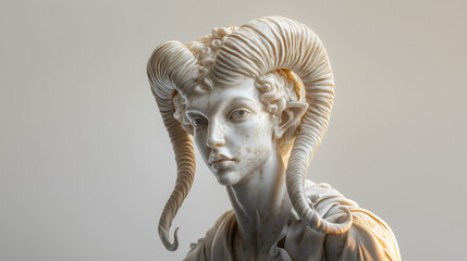 Wall Mural - Detailed portrait of Aries figure with sharp features, confident eyes, marble-textured horns, flame-patterned accessory, and warm lighting, set against a clean white background.