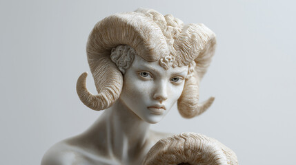 Wall Mural - Detailed portrait of Aries figure with sharp features, confident eyes, marble-textured horns, flame-patterned accessory, and warm lighting, set against a clean white background.