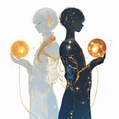 Wall Mural - Dynamic Gemini depiction with twin characters back-to-back, each holding a glowing orb, one light and airy, the other shadowy, adorned with celestial patterns, set against