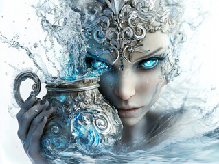 Wall Mural - Detailed Aquarius character holding an ornate jug with flowing water, calm features, glowing blue eyes, soft lighting, set against a pure white background to highlight depth and clarity.