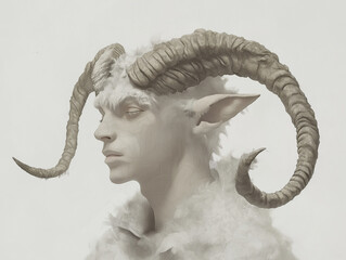 Wall Mural - Detailed Capricorn portrait with sharp features, textured horns, and a mountain peak mantle, symbolizing strength and ambition, set against a white background.