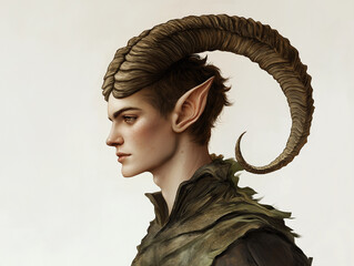 Wall Mural - Detailed Capricorn portrait with sharp features, textured horns, and a mountain peak mantle, symbolizing strength and ambition, set against a white background.