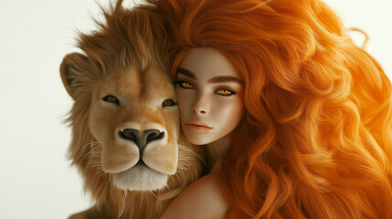 Wall Mural - Lifelike Leo portrait with fierce yet graceful lion, golden hair resembling a mane, glowing eyes, and subtle warm lighting, set against a white background to highlight confidence and charisma.