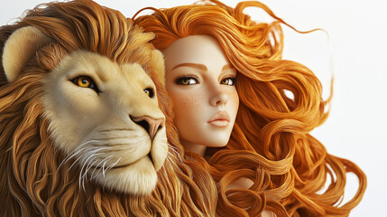 Wall Mural - Lifelike Leo portrait with fierce yet graceful lion, golden hair resembling a mane, glowing eyes, and subtle warm lighting, set against a white background to highlight confidence and charisma.