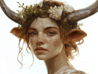 Wall Mural - Lifelike Taurus portrait with soft, strong features, flower crown interwoven with vines, polished wood-textured horns, set against a white background highlighting their earthy elegance.