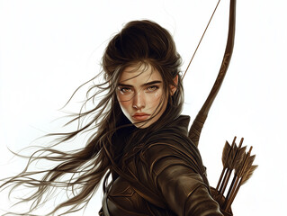Wall Mural - Realistic close-up portrait of Sagittarius archer in leather outfit with bow, long flowing hair, fiery eyes, and focused expression on white background for astrological themes.