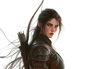 Wall Mural - Realistic close-up portrait of Sagittarius archer in leather outfit with bow, long flowing hair, fiery eyes, and focused expression on white background for astrological themes.