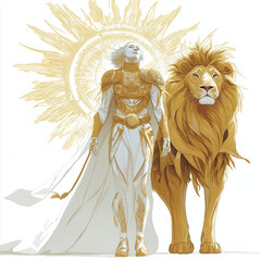 Wall Mural - Regal Leo character with golden lion, sun motifs, royal attire, and detailed flame-like mane, set against a minimalist white background to highlight power and elegance.