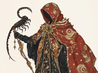 Wall Mural - Traditional Scorpio figure holding a staff topped with a scorpion, with celestial patterns on their cloak, in deep reds, golds, and blacks, set against a clean white background.