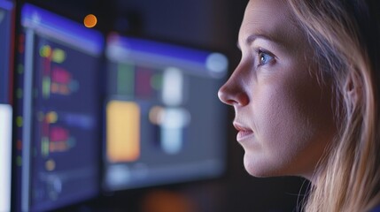 woman viewing computer screens at night.