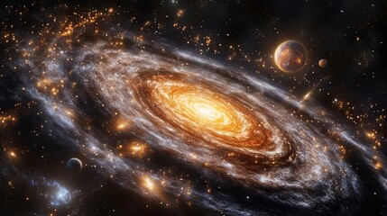 Wall Mural - Swirling galaxy with glowing stars, vibrant nebulae, and a distant planet capturing the energy of cosmic dark matter