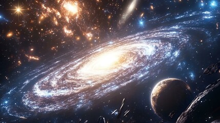 Wall Mural - Swirling galaxy with glowing stars, vibrant nebulae, and a distant planet capturing the energy of cosmic dark matter